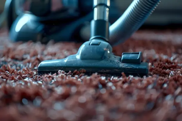 Close-up shot of a carpet being hoovered
